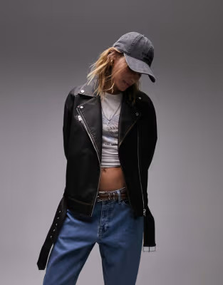 Topshop faux leather easy oversized biker jacket in washed brown | ASOS (Global)