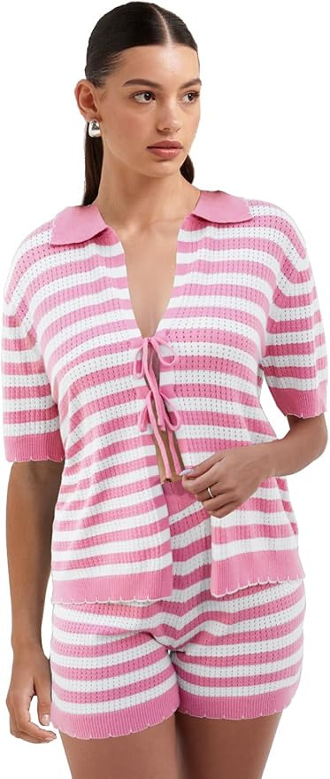 Women 2 Piece Striped Lounge Pajama Sets Knit Ties Short Sleeve Tops Short Matching Sets Vacation... | Amazon (US)
