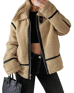 Tankaneo Womens Faux Fur Jackets Winter Trendy Sherpa Moto Leather Patchwork Zip Up Coat | Amazon (US)