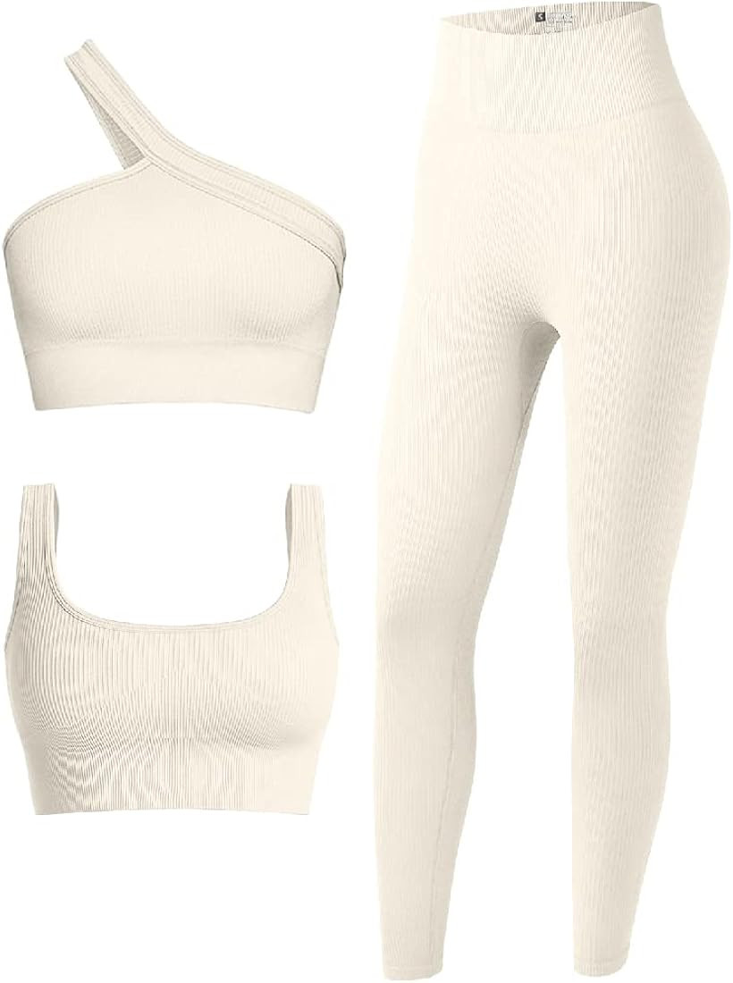 OQQ Women's 3 Piece Outfits Ribbed Seamless Exercise Scoop Neck Sports Bra One Shoulder Tops High... | Amazon (US)
