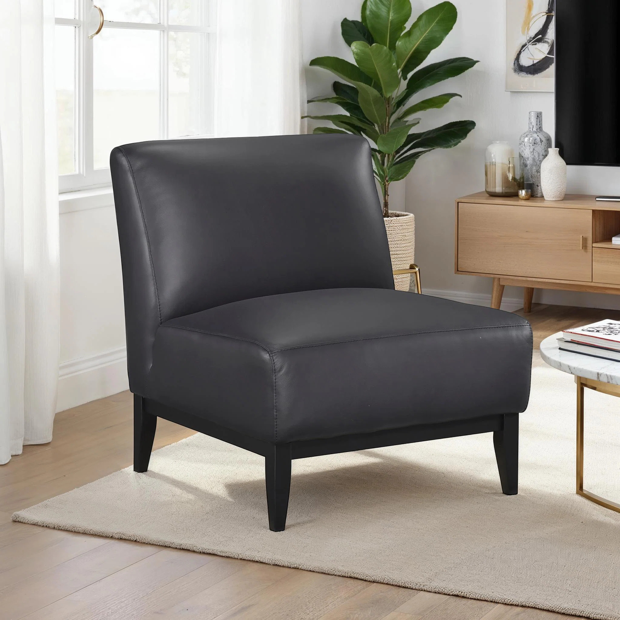 Timmins 28.5" Modern & Contemporary Accent Chair with 100% Top Grain Buffalo Leather, Solid Wood ... | Wayfair North America