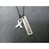 Survivor Cancer Awareness Ribbon Necklace - Jewelry Hand Stamped On Gunmetal Chain Survivor Chemo Recovery | Etsy (US)