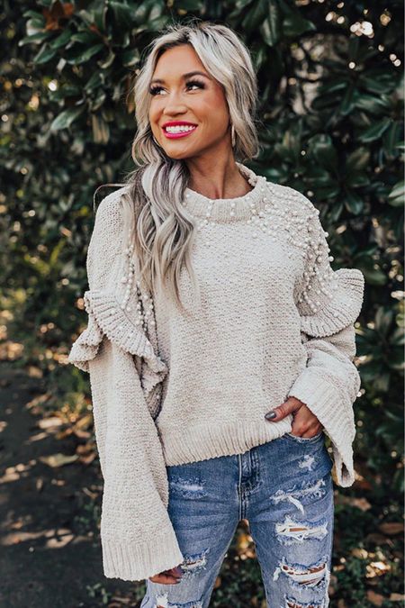 Obsessed with this gorgeous in this cozy sweater from Shop Impressions!

- Soft chenille material with beautiful pearl accents - Round ribbed neckline - Long, loose sleeves with ribbed cuffs - Ruffled sleeve detail - A relaxed silhouette that falls into a straight cropped hemline. 

#LTKworkwear #LTKSeasonal #LTKHoliday