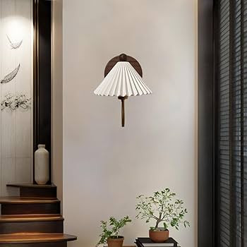 Vintage Pleated White Ceramic Lampshade Wall Sconce, Retro Walnut Wood Decoration Wall Lighting F... | Amazon (US)