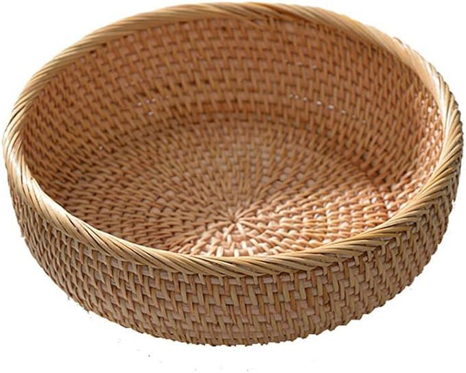 Natural Hand Woven Rattan Fruit Baskets Round Rattan Serving Tray Decorative Woven Basket Tray fo... | Amazon (US)