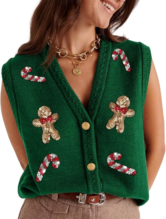 Womens Christmas Vests Ugly Christmas Sweater Vest Y2k V Neck Cute Pattern Button Up Knit Tank To... | Amazon (UK)