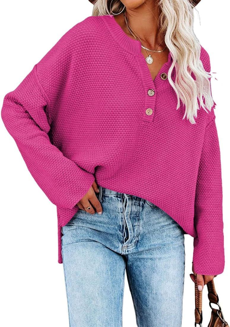 Pink Queen Women's V Neck Button Sweater Oversized Batwing Long Sleeve Henley Pullover Knit Jumpe... | Amazon (US)