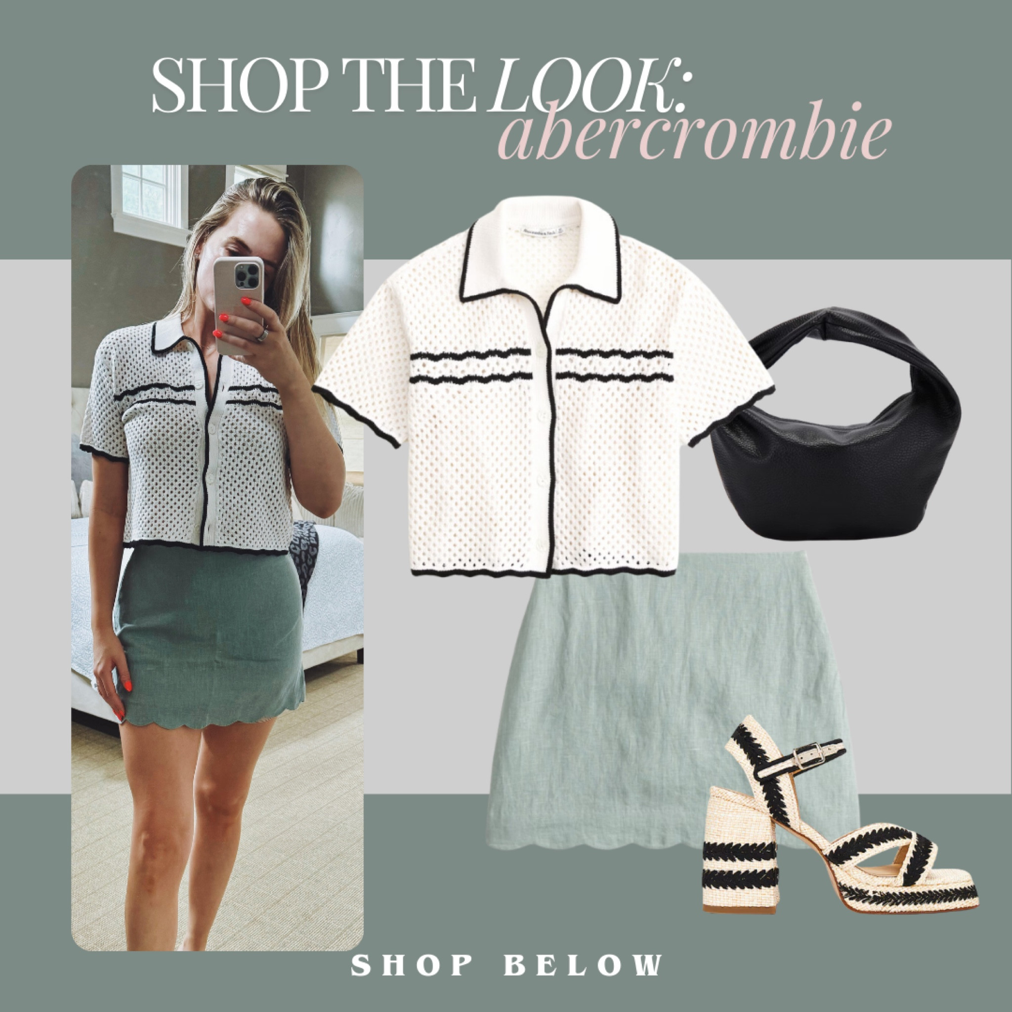 Abercrombie sale, Abercrombie, fashion, crochet shirt, scalloped skirt, green skirt, white top, summer outfit, spring fashion, warm weather, outfit, bottega, bag, bottega, bag, dupe, black bag, summer sandals

#LTKfindsunder50 #LTKsalealert #LTKitbag