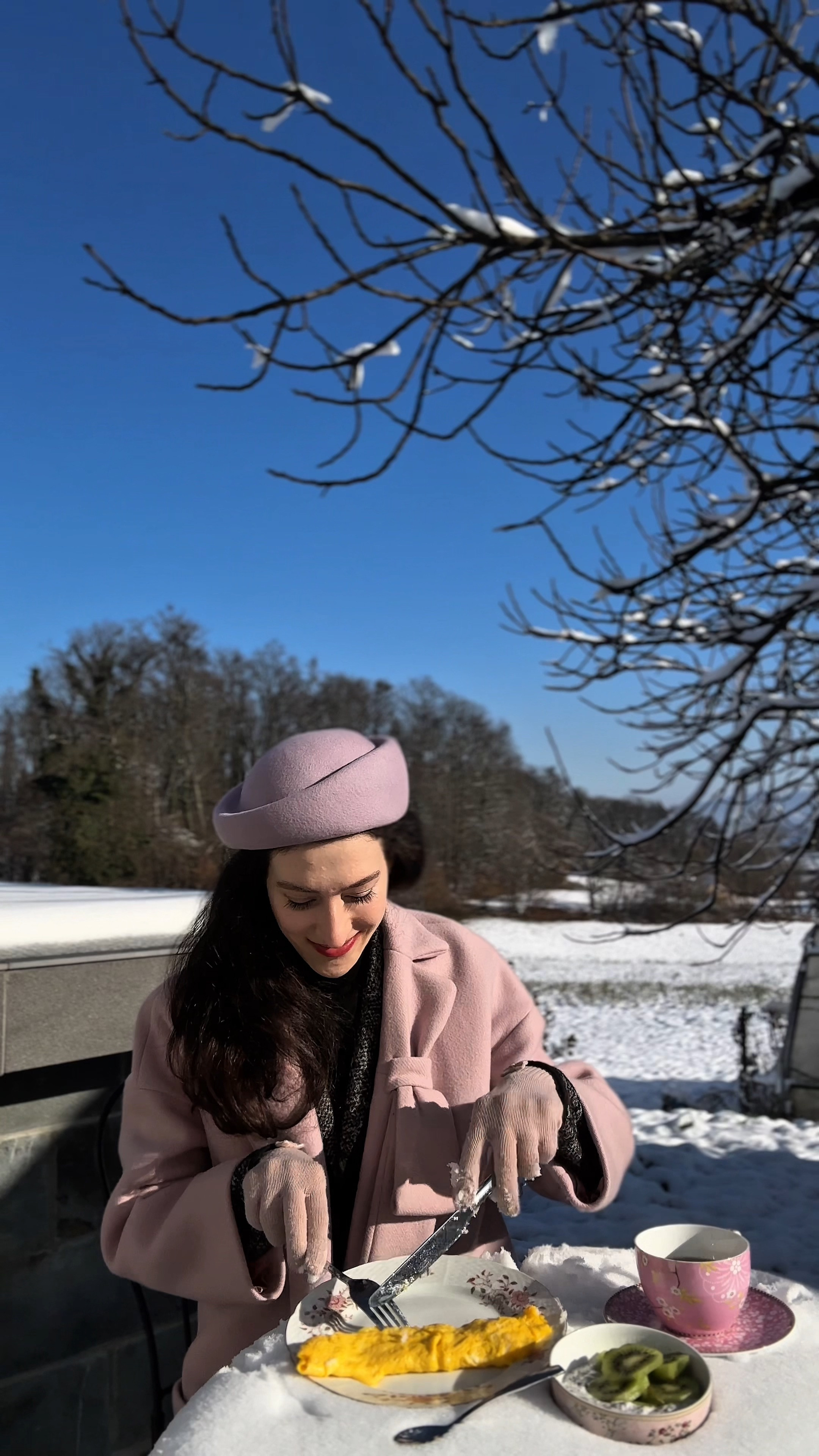 Pink winter coat outfit 2026, feminine winter style, blush wool coat, pink pillbox outfit, winter breakfast aesthetic, snowy day outfit, pastel winter fashion, elegant cold weather look, winter gloves outfit, romantic winter style, European winter aesthetic, pink monochrome outfit, winter hat outfit ideas, soft girl winter, cozy winter morning look 

 #LTKdayinmylife #LTKootd #LTKmorningroutine