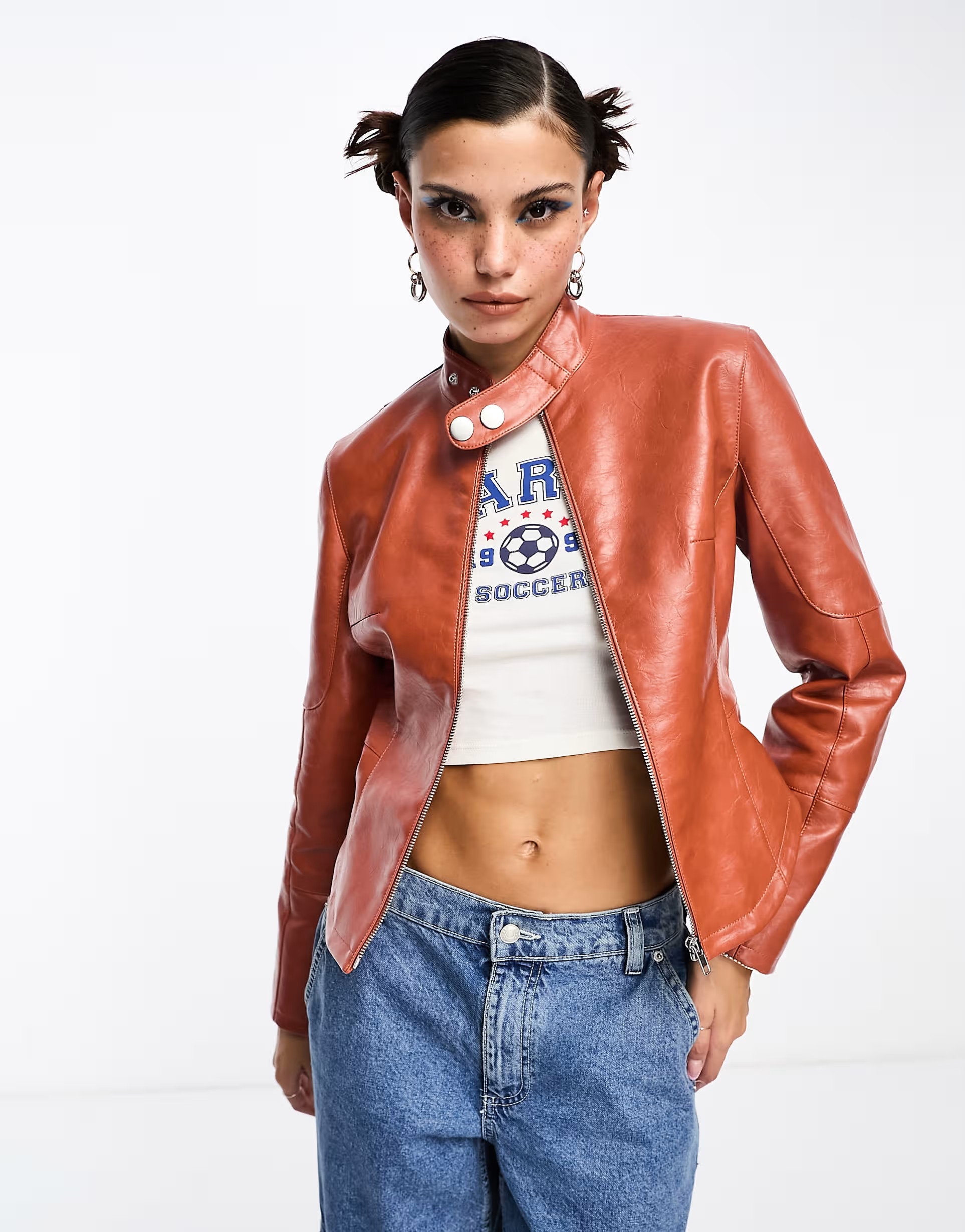 COLLUSION motocross faux leather cropped biker jacket in burnt orange | ASOS (Global)