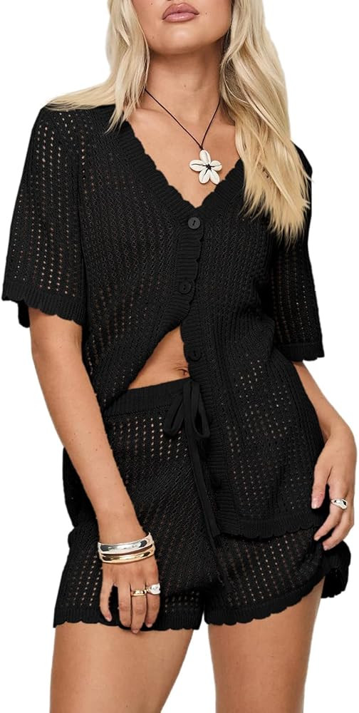 Saodimallsu Womens Crochet Swimsuit Coverup Sets Short Sleeve V Neck Button Tops Drawstring Short... | Amazon (US)