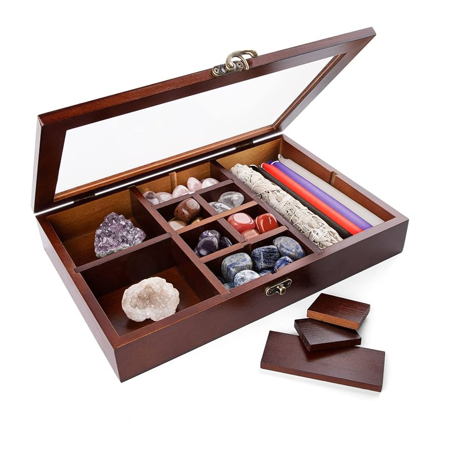 Adjustable Rock Display Case, Crystal Collection Box with Shelves, Wood Witchy Stones Organizer S... | Amazon (US)