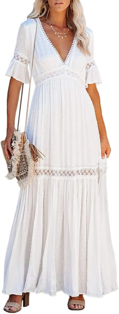 Women's V Neck Floral Lace Wedding Dress Short Sleeve Bridesmaid Evening Party Maxi Dress | Amazon (US)