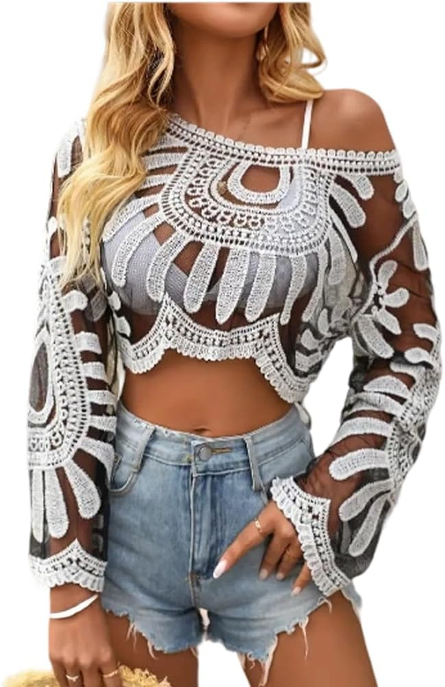 Women's Floral Embroidered Semi-Sheer Cover-Up Long Sleeve, Bohemian Lace Cape, Beach Sun-Protect... | Amazon (US)
