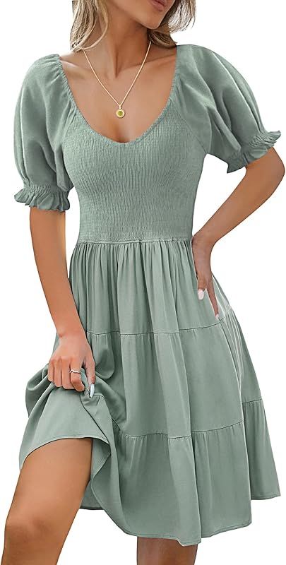 Kenaque Women Smocked Mini Dress Casual Summer Short Sleeve V Neck Shirred Dress | Amazon (US)