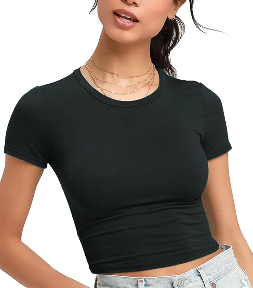 Women's Summer Causal Short Sleeve Blouse Round Neck Crop Tops Basic Tee T-Shirt | Amazon (US)