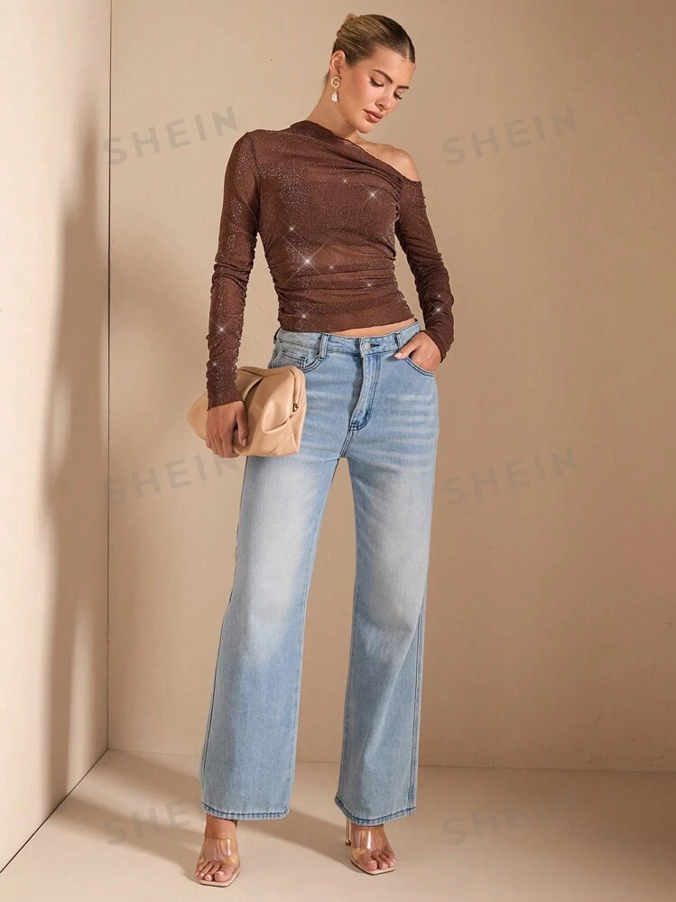 SHEIN BAE Women Mesh Sequins Asymmetrical Neck Asymmetric Ruched Sheer Tight Top | SHEIN