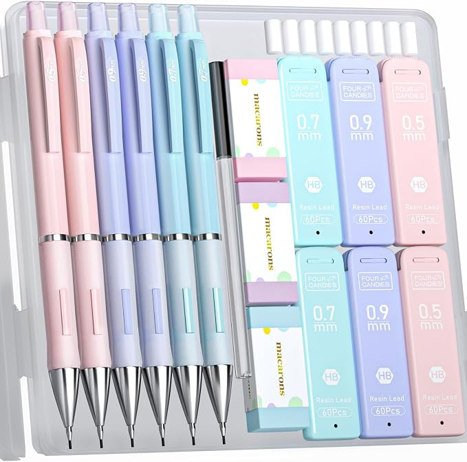Four Candies 0.5/0.7/0.9mm Cute Mechanical Pencil Set, 6 Pack | 360 Leads, 3 Erasers+9 Refills, S... | Amazon (US)