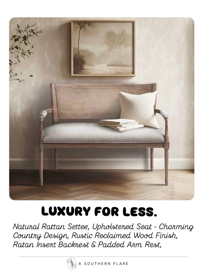 Natural Rattan Settee, Upholstered Seat - Charming Country Design, Rustic Reclaimed Wood Finish,
Ratan Insert Backrest & Padded Arm Rest / Amazon