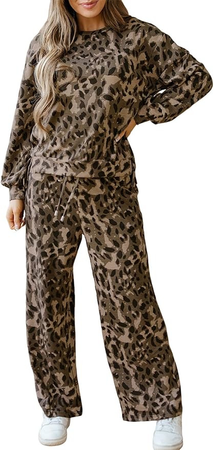 Maketina Mazulun Leopard Sweatsuits for Women Raw Seam Patchwork Pullover Drawstring Loose Pant S... | Amazon (US)