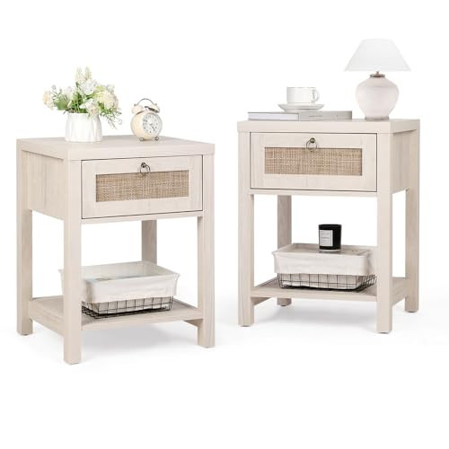 VOWNER 2 PCS White Rattan Nightstand Set of 2, Wood Night Stand with Vintage Metal Pull Handle, Bedside Table Boho End Tables Side Tables with Storage Shelf, for Bedroom | Amazon (US)