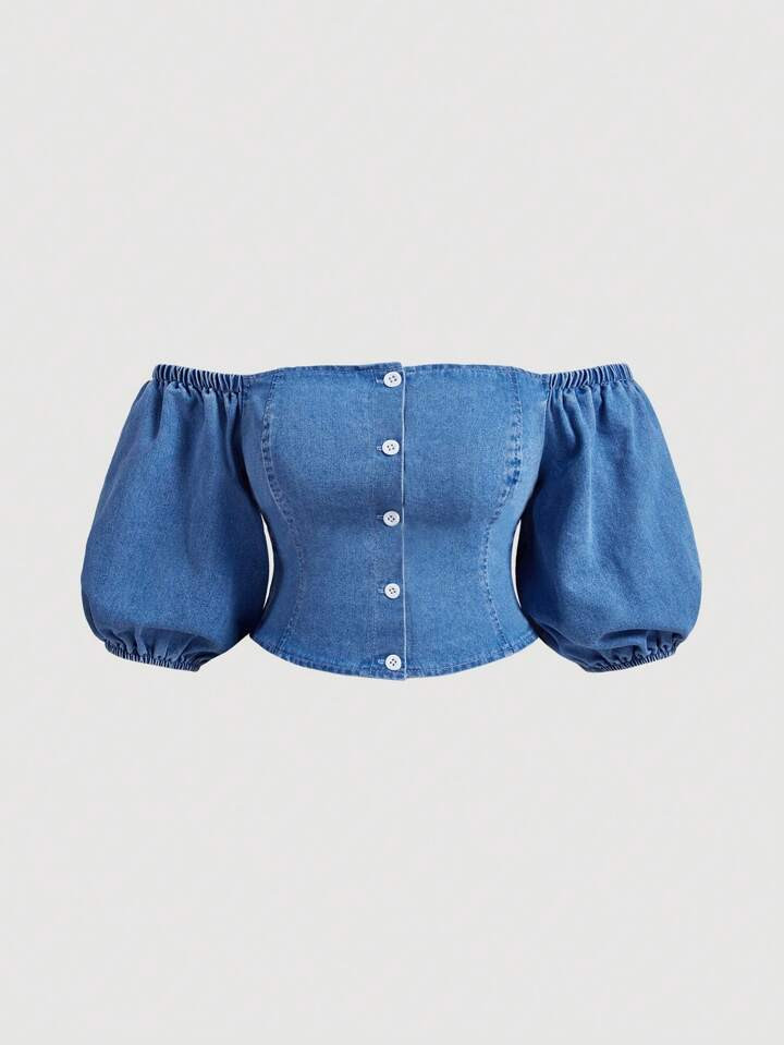 SHEIN MOD Plus Size Retro Sweetheart Neckline Sexy Cropped Blue Denim Top,Corset Top,Going Out To... | SHEIN