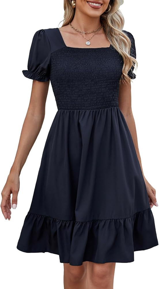 Lyrur Women's Short Sleeve Summer Dresses 2025 Spring Casual Square Neck Easter Dress A-Line Tier... | Amazon (US)