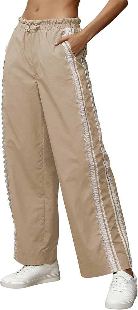 Women Baggy Track Pants Lace Side Stripe Drawstring Elastic Waist Wide Leg Parachute Pants with P... | Amazon (US)