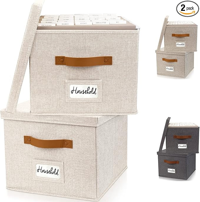 ZICOTO Decorative File Organizer Box Set of 2 - Collapsible Linen Filing Cabinets w/Handles Are P... | Amazon (US)