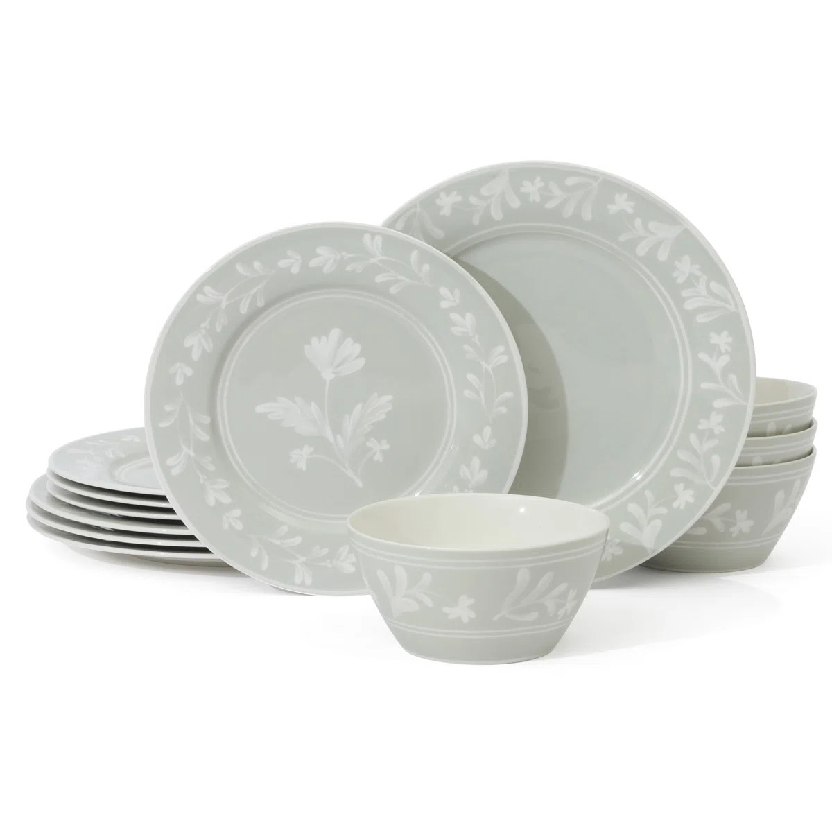 Martha Stewart Maiden Crown 12-Piece Sage Green Dinnerware Set – Vegan Bone China Ceramic Plate... | Wayfair North America