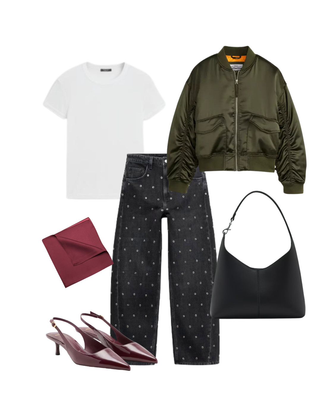 Jeans mit Nieten - Statement Jeans kombiniert mit einer Bomberjacke und Slingpumps in Burgundy 

 #LTKstyletip #LTKjeans #LTKautumn