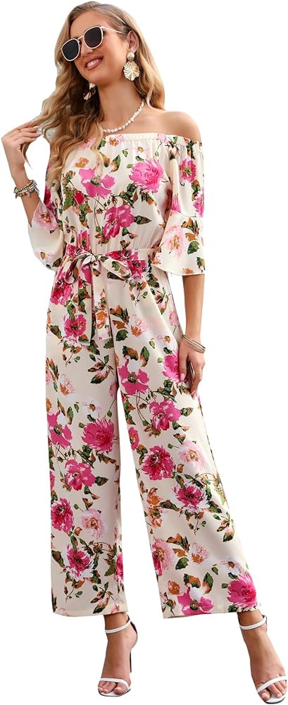 Love Welove Fashion Jumpsuits for Women Dressy Casual – Floral Spring Off Shoulder Wide Leg One... | Amazon (US)