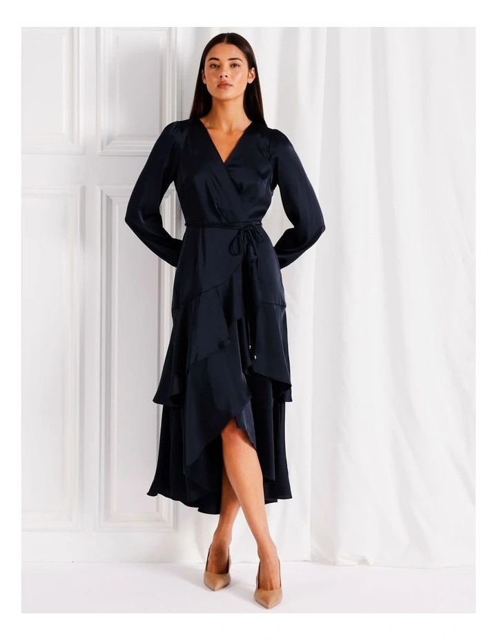 TokitoSatin Long Sleeve Ruffle Midi Dress in Navy | Myer