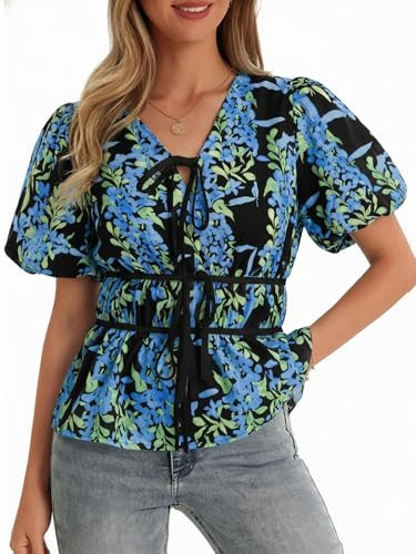 Cicy Bell Womens Puff Sleeve Tie Front Tops Summer Babydoll Peplum V Neck Blouse Casual Dressy Pleated Floral Print Shirts | Amazon (US)