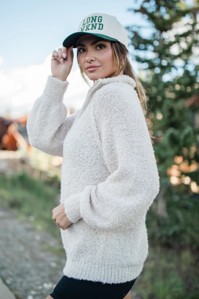 Signature Move Taupe Fuzzy Quarter Zip Pullover | Pink Lily