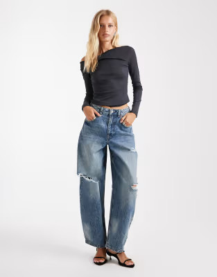 ASOS DESIGN high waisted barrel leg jeans with rips in mid blue | ASOS | ASOS (Global)