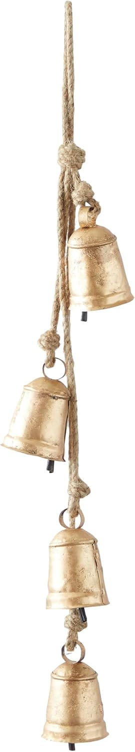 Deco 79 Metal Handmade Tibetan Inspired Decorative Cow Bells with 4 Bells on Jute Hanging Rope, 4" x 3" x 29", Gold | Amazon (US)