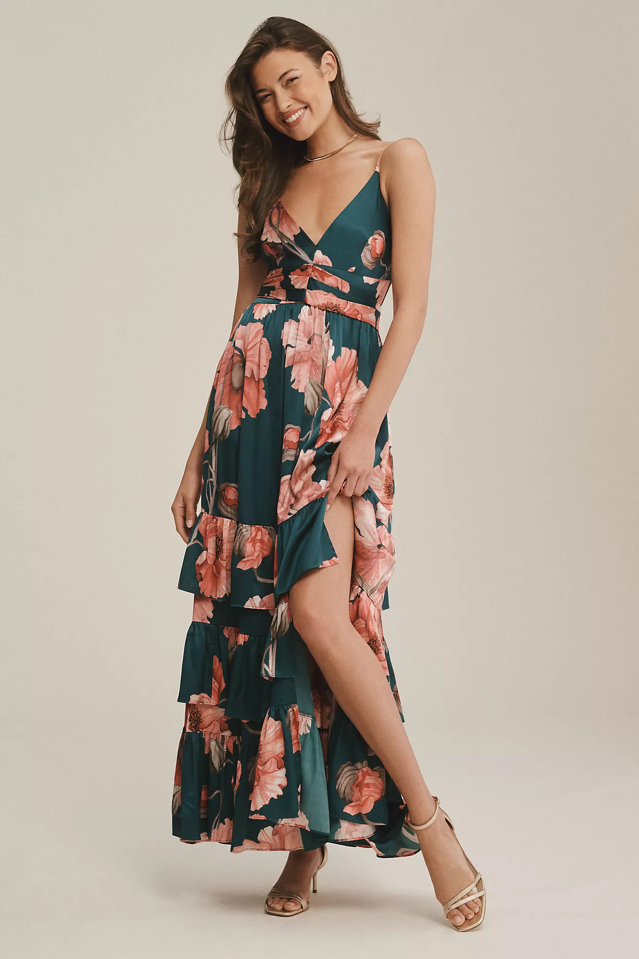 Hutch Guthrie Sleeveless Floral V-Neck Side-Slit Satin Maxi Dress | Anthropologie (US)