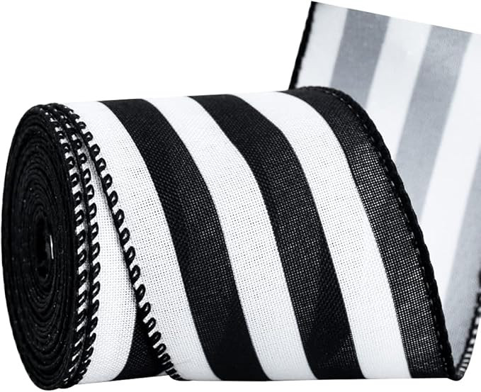 TONIFUL 2.5 Inch Black and White Wired Edge Ribbon, Striped Burlap Ribbon, Blakc White Wired Ribb... | Amazon (US)