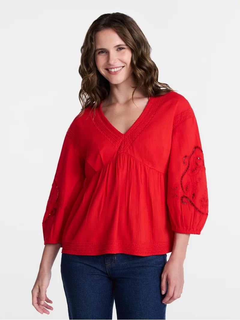 Time and Tru Women's Long Sleeve Poet Sleeve Broderie Anglaise Top, Sizes XS-XXXL | Walmart (US)