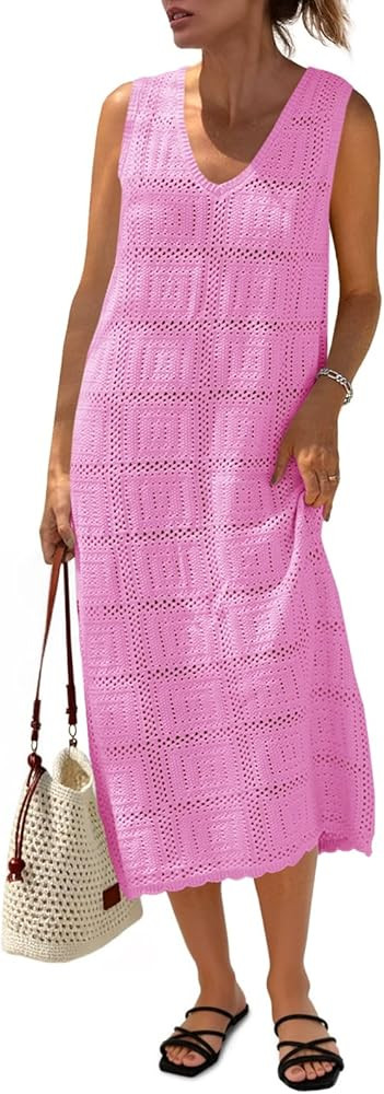 Fisoew Womens Crochet Sleeveless Dress Casual Summer V Neck Boho Knit Cover Up Beach Vacation Mid... | Amazon (US)