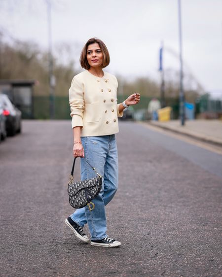 Wool-Blend Coat in Ivory Straight Leg Blue Jeans Black High Top Converse Trainers Dior Saddle Bag Transitional Outfit Simple Casual Look Comfy Outfit 

#LTKSeasonal #LTKeurope #LTKstyletip