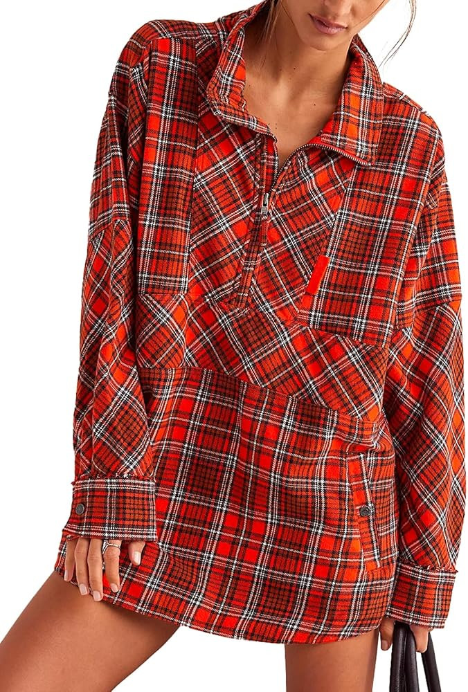Red Plaid Flannel Long Shirt Christmas Tartan Button Down Zip Mini Dresses for Women | Amazon (US)