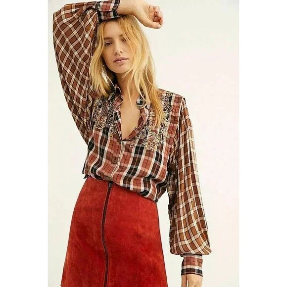 Free People Snow Mountain Plaid Buttondown Shirt Top Sequin Embellished S 274409 | Poshmark