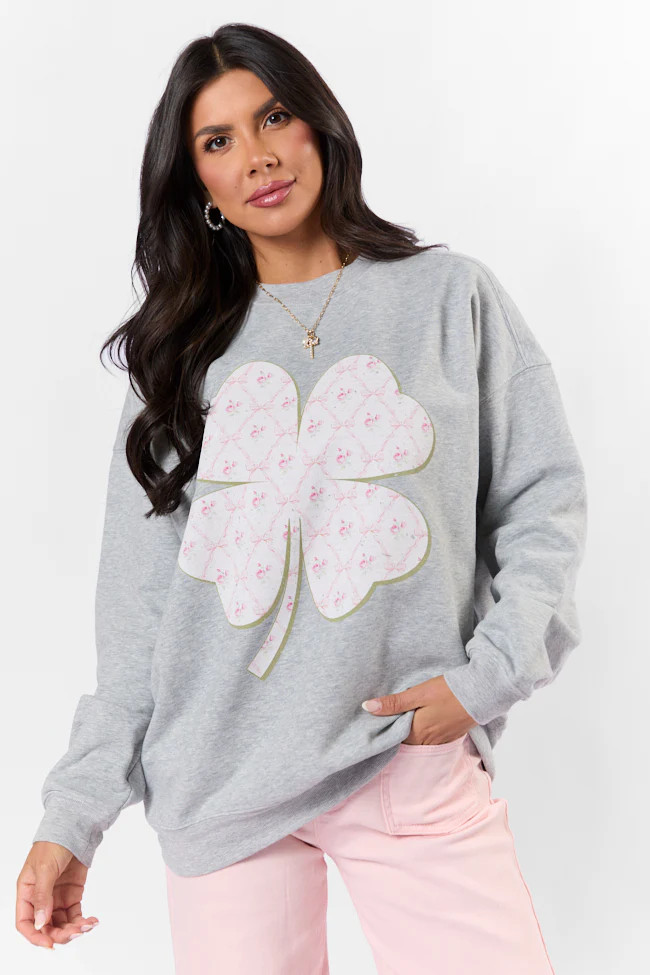 Pattern Shamrock Light Grey Oversized Graphic Sweatshirt | Pink Lily