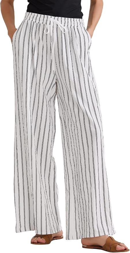 Allegra K Women's Casual Drawstring Stripe Pants Wide Leg High Waist Cotton Loose Pants | Amazon (US)