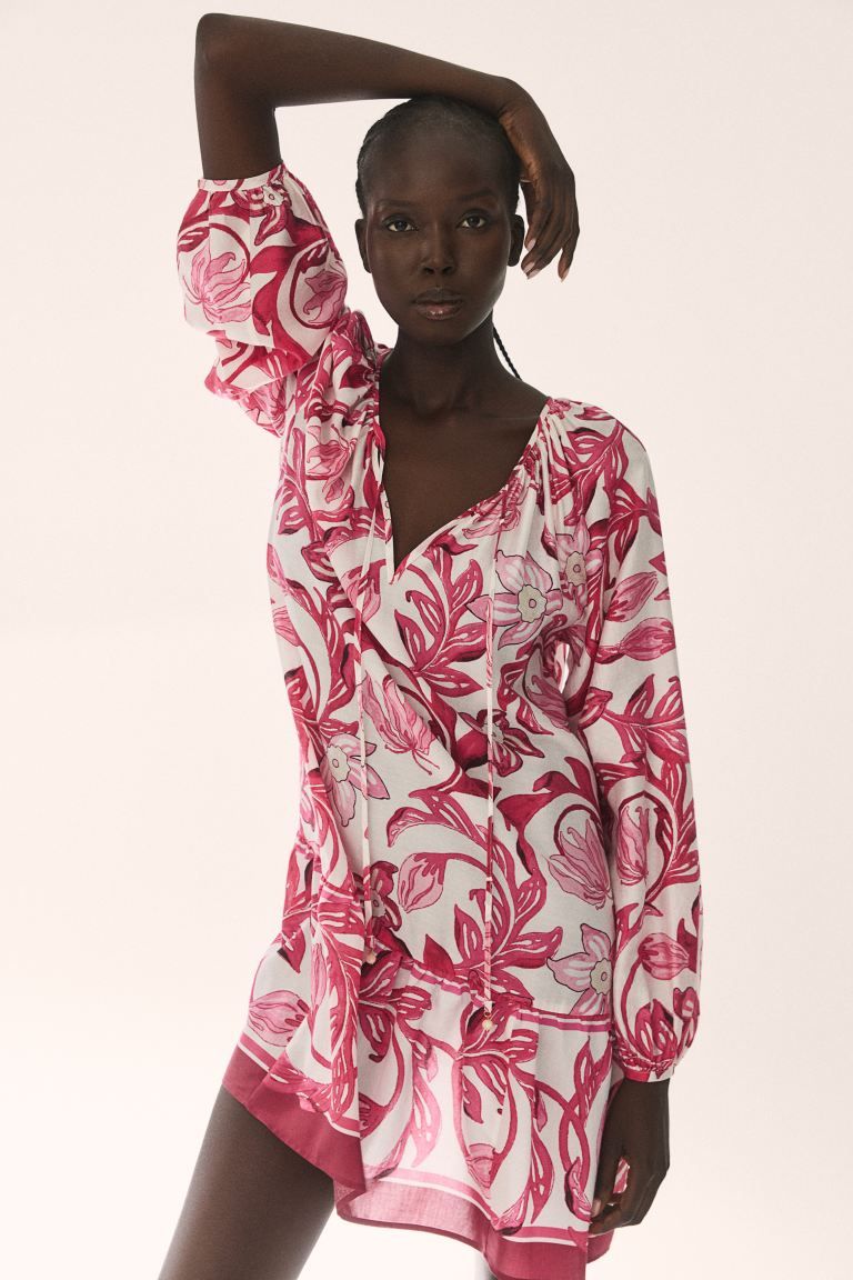 Tie-detail Dress - Round Neck - Long sleeve - White/pink floral - Ladies | H&M US | H&M (US + CA)