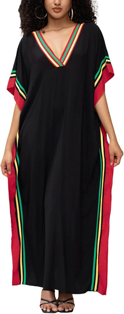 Kaftan Dresses for Women V-Neck Print Swimsuit Cover Up Plus Size Beach Caftan Lounge Dress | Amazon (US)