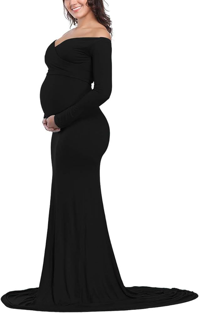 Women's Elegant Fitted Maternity Gown Cross V Neck Ruched Long Sleeve Maxi Photography Dress | Amazon (US)