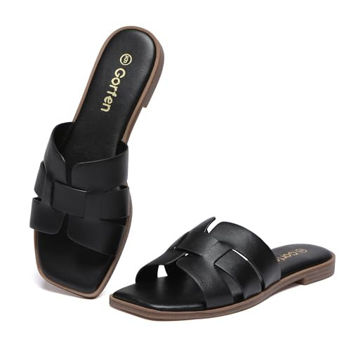 Gorfen Women's Black Sandals 2025 Leather Slip On Flat Sandals Dressy Summer Slides Sandals Size 11 | Amazon (US)